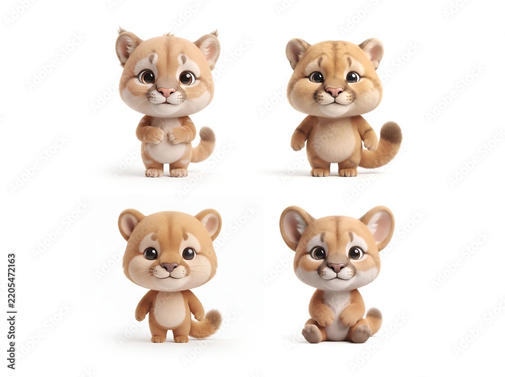 Obraz premium Cute 3D Mountain Lion Character in Standing and Sitting Poses Isolated on White Background, Generative AI illustrator
