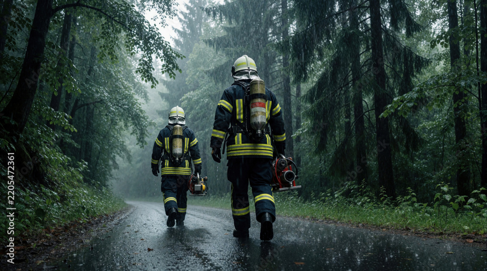 Fototapeta premium Two pro firefighters walk down wet forest road after storm. Rescuers in protective gear carry heavy equipment through rain. Emergency team performs disaster recovery mission in dark woods. Men