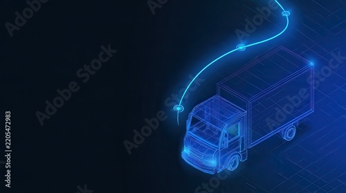 Glowing blue wireframe delivery truck on digital grid on transparent background