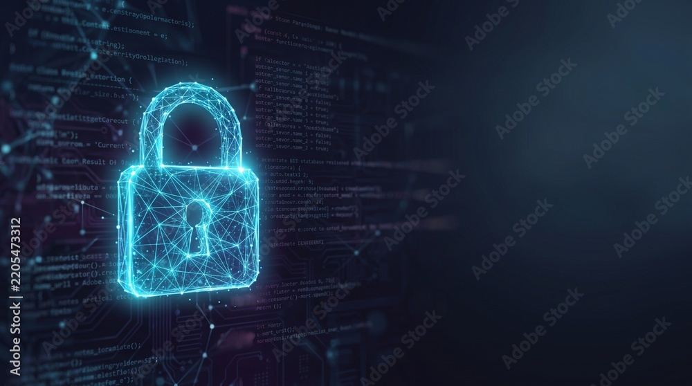 Fototapeta premium Glowing abstract digital padlock on dark background with data network, cybersecurity concept with copy space.