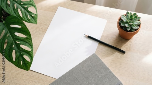 Blank paper with pencil and plants on wooden desk with natural light.