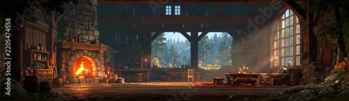 Cozy stone fireplace glows warmly inside rustic hall.