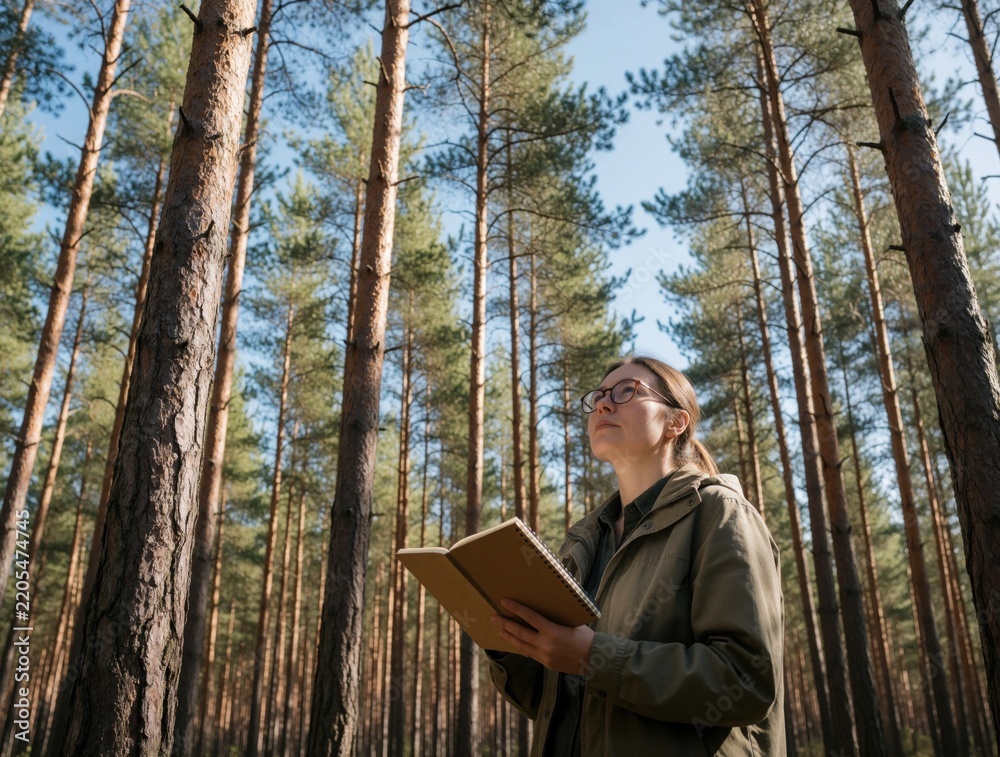 Fototapeta premium Young woman holds open notebook in tall pine forest. Female researcher looks up at trees during field study. Scientist observes nature in sunlit woodland writing notes in sketchbook. Biology student
