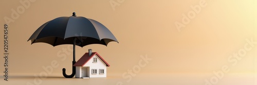 A tiny house shelters under a black umbrella at the left of a wide beige backdrop with copy space. Concept of insurance company banners, mortgage protection advertising, and headers.