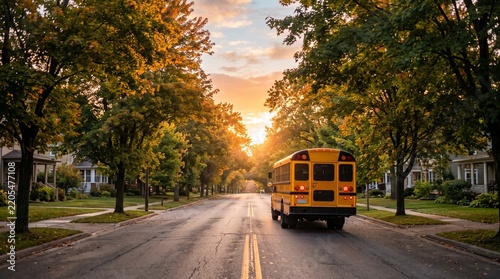 School Bus on a Tree-Lined Street at Sunset: A classic yellow school bus drives down a residential street lined with mature trees, bathed in the warm, golden light of the setting sun.