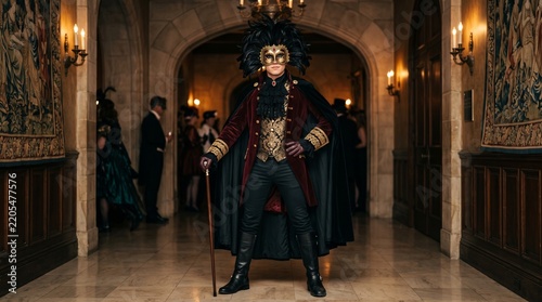 Masquerade Ball Enchantment: A man in an ornate costume and mask stands confidently in a grand ballroom, exuding mystery and allure amidst a lively masquerade.