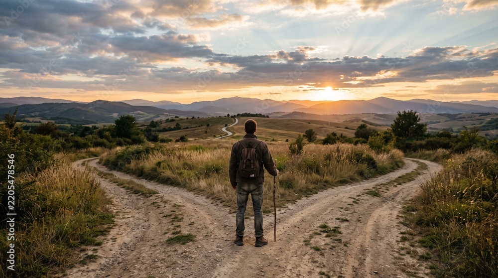 Fototapeta premium Crossroads of Life: A solitary traveler stands at a fork in the road, contemplating the path forward as the sun sets, casting long shadows across the rolling hills.
