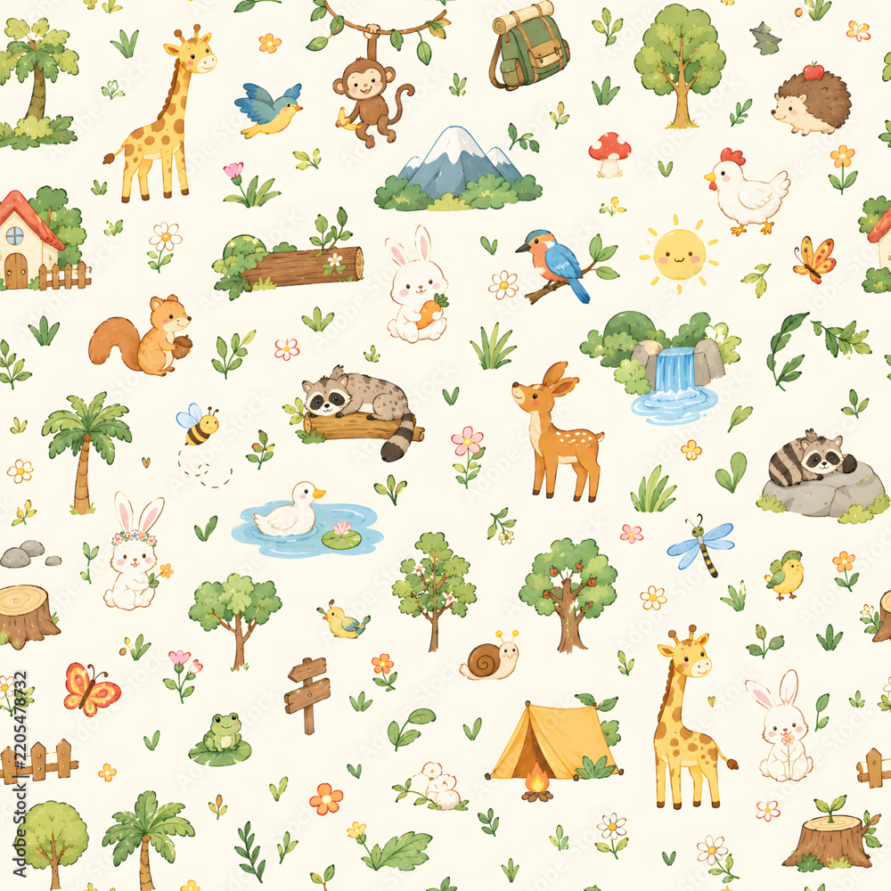 Obraz premium Charming woodland animals nature camping forest pattern featuring cute foxes deer raccoons squirrels hedgehogs bears tents mountains trees mushrooms waterfalls and sweet outdoor adventure wildlife ill