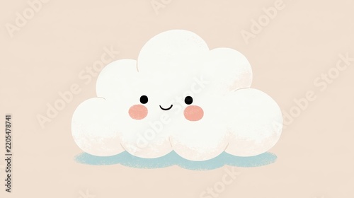 Fluffy white cloud with a smiling face and rosy cheeks on a warm cream background in Scandinavian style Generative AI