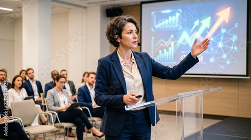 Presentation of Growth Strategy: A confident businesswoman delivers a compelling presentation on financial growth to an attentive audience.