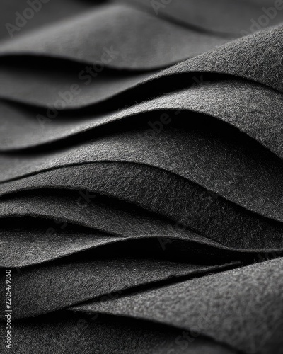 Abstract grayscale image of layered, undulating dark fabric