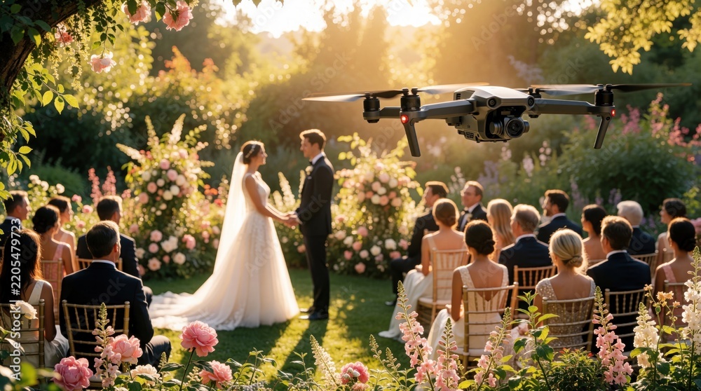 Fototapeta premium Aerial drone view of outdoor wedding ceremony in sunny garden. Bride, groom hold hands during marriage ritual. Guests sit on chairs watching couple celebrate love. Modern tech captures romantic event