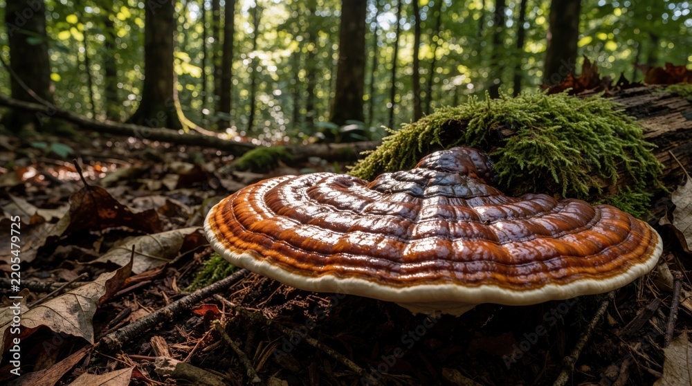 Fototapeta premium Red Reishi mushroom grows on old mossy tree trunk in green forest. Ganoderma lucidum fungus with shiny brown cap sits on woodland floor. Natural medicinal fungi grows near fallen wood, dry leaves in