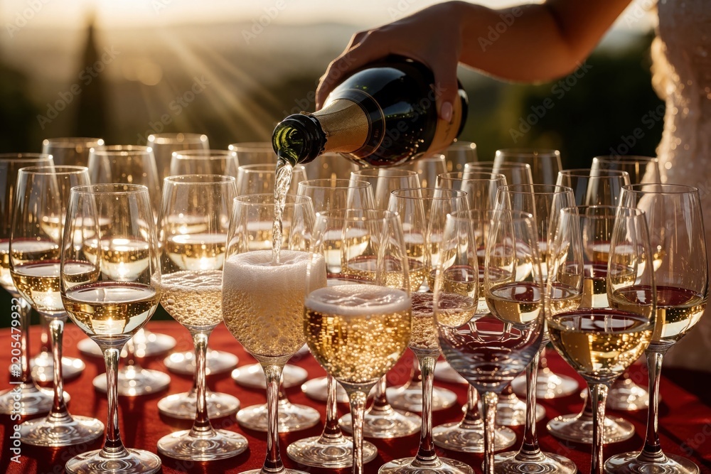 Obraz premium Woman hand pours sparkling champagne from bottle into many crystal wine glasses. Bubbles rise in glasses during outdoor wedding celebration. Luxury event preparation at sunset with golden light.