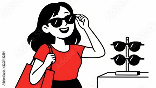 Woman trying on sunglasses in a store. She is smiling and holding a shopping bag