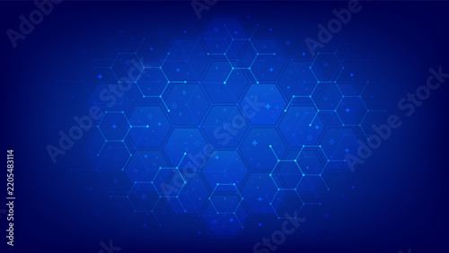 Medical technology background with molecular network and medical cross symbols. Abstract hexagonal pattern for medicine, healthcare, biotechnology, chemistry and science. Vector illustration.