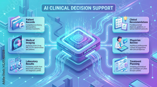 3D AI clinical decision support diagram illustrating six electronic health data workflow steps