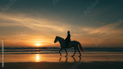 Silhouette of a Man Riding a White Horse at Sunset