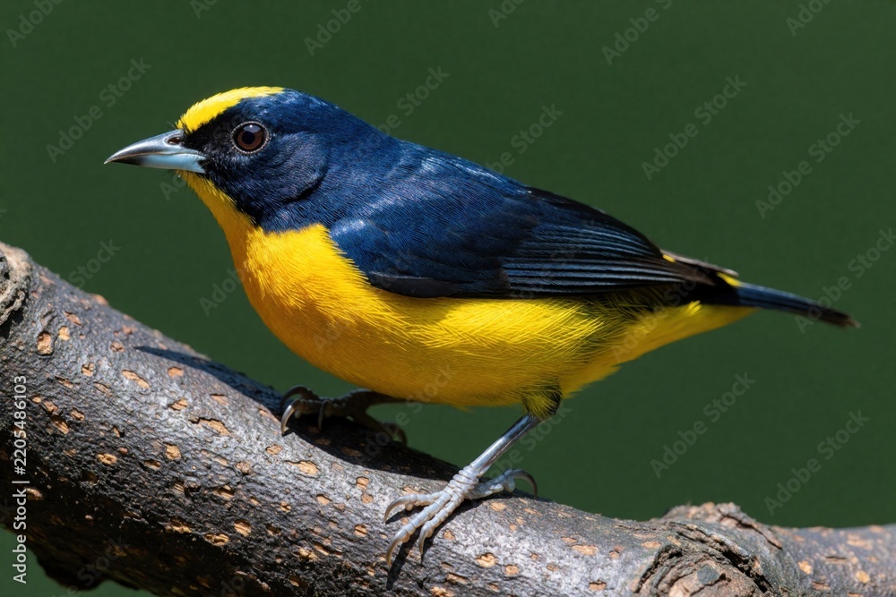 Fototapeta premium Spot-crowned euphonia bird sits on tree branch in tropical rainforest. Small colorful avian with blue, yellow plumage rests in wild habitat. Close up shot of exotic species showing bright feathers,