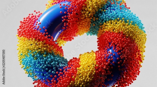 Colorful 3D abstract background with blue torus covered in red yellow and cyan spheres. Modern digital art texture for creative design and decoration.