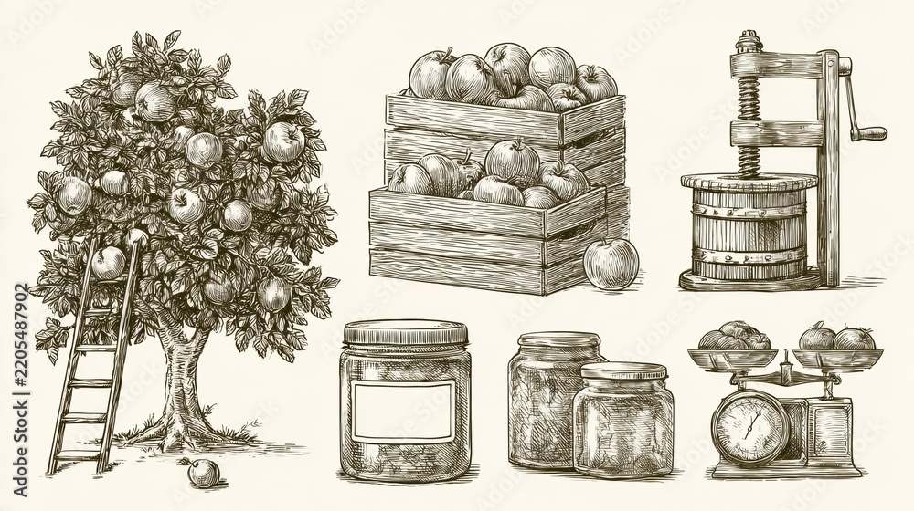 Fototapeta premium An orchard scene with apple picking, stacked fruit crates, a cider press, and jars for preserving fruit.