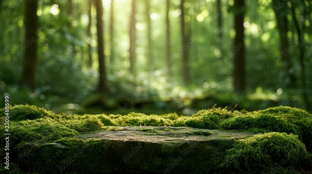 Fototapeta premium The scene shows an empty mossy stone surface with a blurred enchanted forest in the background. Natural light filters through the trees.