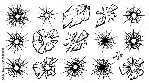 Shattered glass vector elements featuring various broken patterns and sharp shards