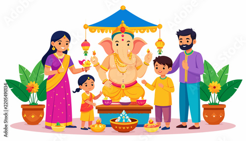Happy Family Celebrating Ganesh Chaturthi Festival with Lord Ganesha Idol Illustration Vector