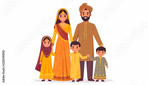 Traditional Indian Family Illustration with Parents and Three Children in Cultural Attire for Family Concepts