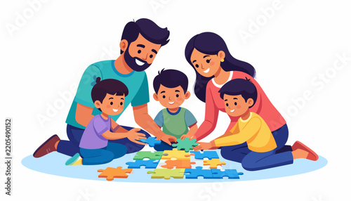 Happy Family Playing Jigsaw Puzzle Together in Modern Flat Vector Illustration Style