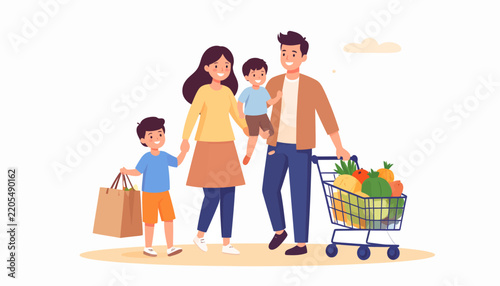 Happy Family Grocery Shopping Together with Shopping Cart and Bags in Flat Vector Illustration Style