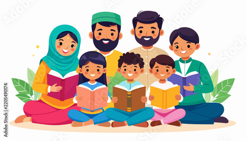 Diverse Muslim Family Reading Books Together in Flat Vector Illustration Style for Education Concept Design