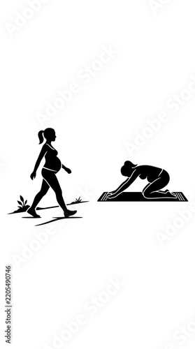 Pregnant woman walking and doing yoga exercises