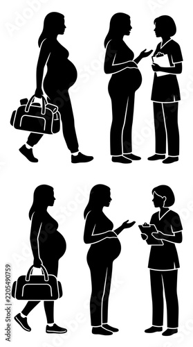 Pregnant woman with nurse, silhouette