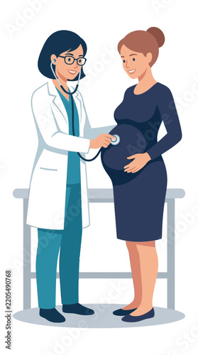 Doctor checks pregnant woman's belly with stethoscope in clinic.