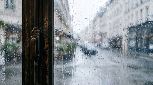 Rain on bronze window frame with blurred city street and reflective glass, creating quiet urban mood during wet weather