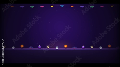 Minimalist Halloween monster masquerade animation featuring cute cartoon ghosts, pumpkins, bats, and mummies dancing on a dark purple background with festive colorful bunting flags for children.