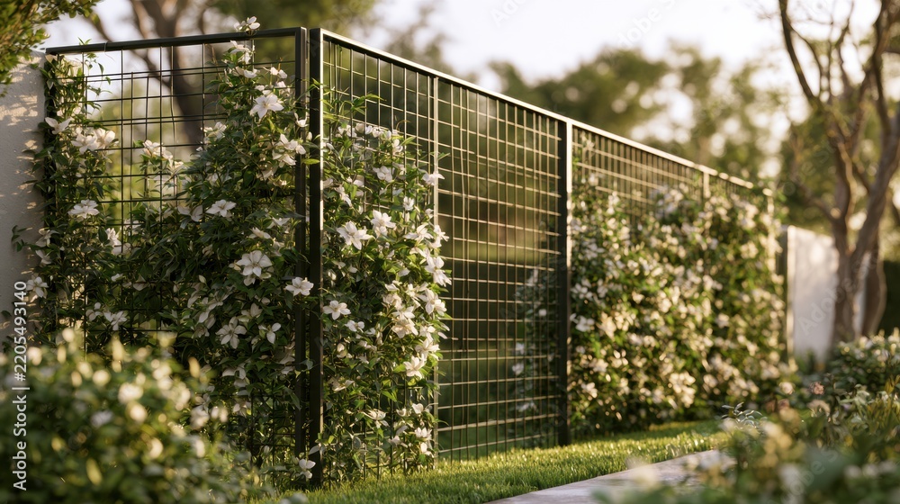 Fototapeta premium A metal grid structure supports climbing plants like wisteria or clematis in a garden. The design promotes privacy and enhances the space.
