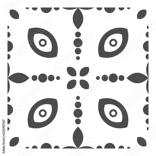 Elegant black monochromatic mediterranean tile pattern with geometric floral motifs and dots