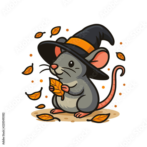 Cute little mouse wearing a witch hat holding autumn leaves