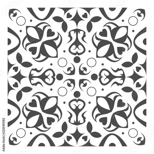 Symmetrical black floral damask ornament for vintage interior tile design