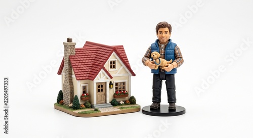 Isolated Toy Figure with Pet and House