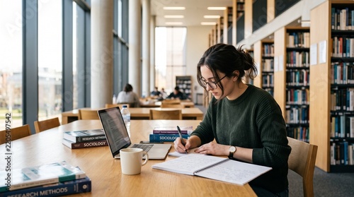 Focused female college student studying and writing notes in university library