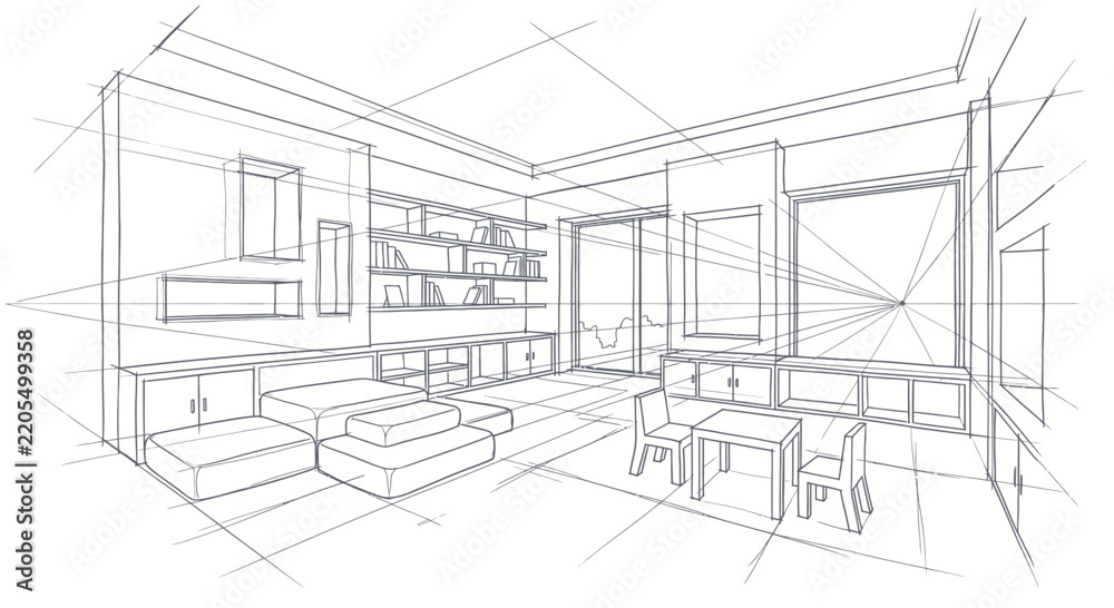 Fototapeta premium Professional Black and White Line Drawing of Modern Minimalist Living Room with Built in Furniture Sofa Bookshelves and Study Area