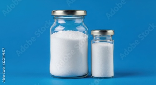 Two glass jars filled with white powder on blue background illustration