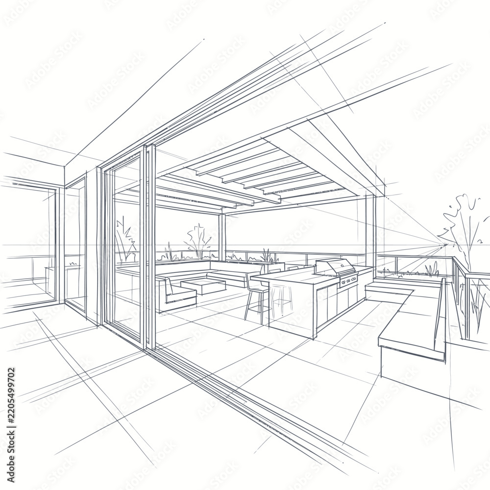 Fototapeta premium Sleek Black and White Sketch of Modern Minimalist Office Space with Workstations and Large Windows