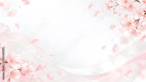 桜と淡いピンクの曲線を飾った上品な春の和風背景
