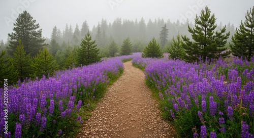A serene pathway through a field of purple flowers illustration