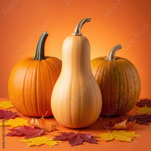A group of pumpkins and a gourd with fall leaves illustration