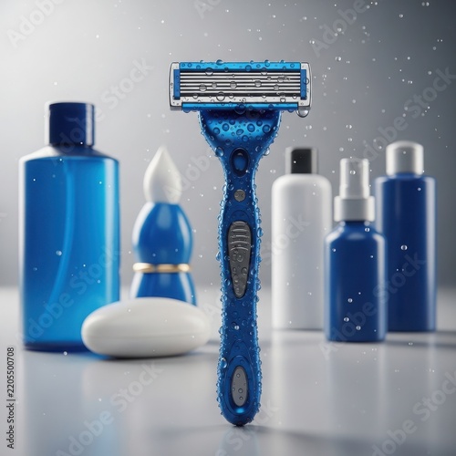 A blue razor and toiletries on a white surface illustration